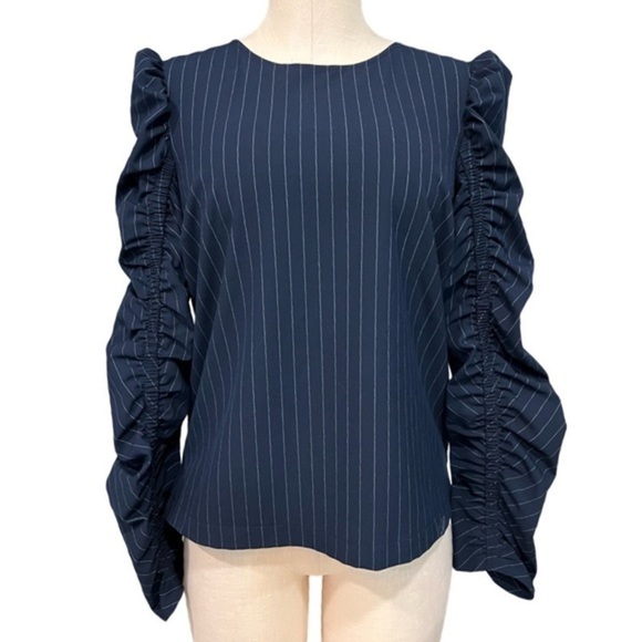 Zara Woman, Juliet Navy Striped Shirt with Ruched Sleeves - Picture 1 of 12